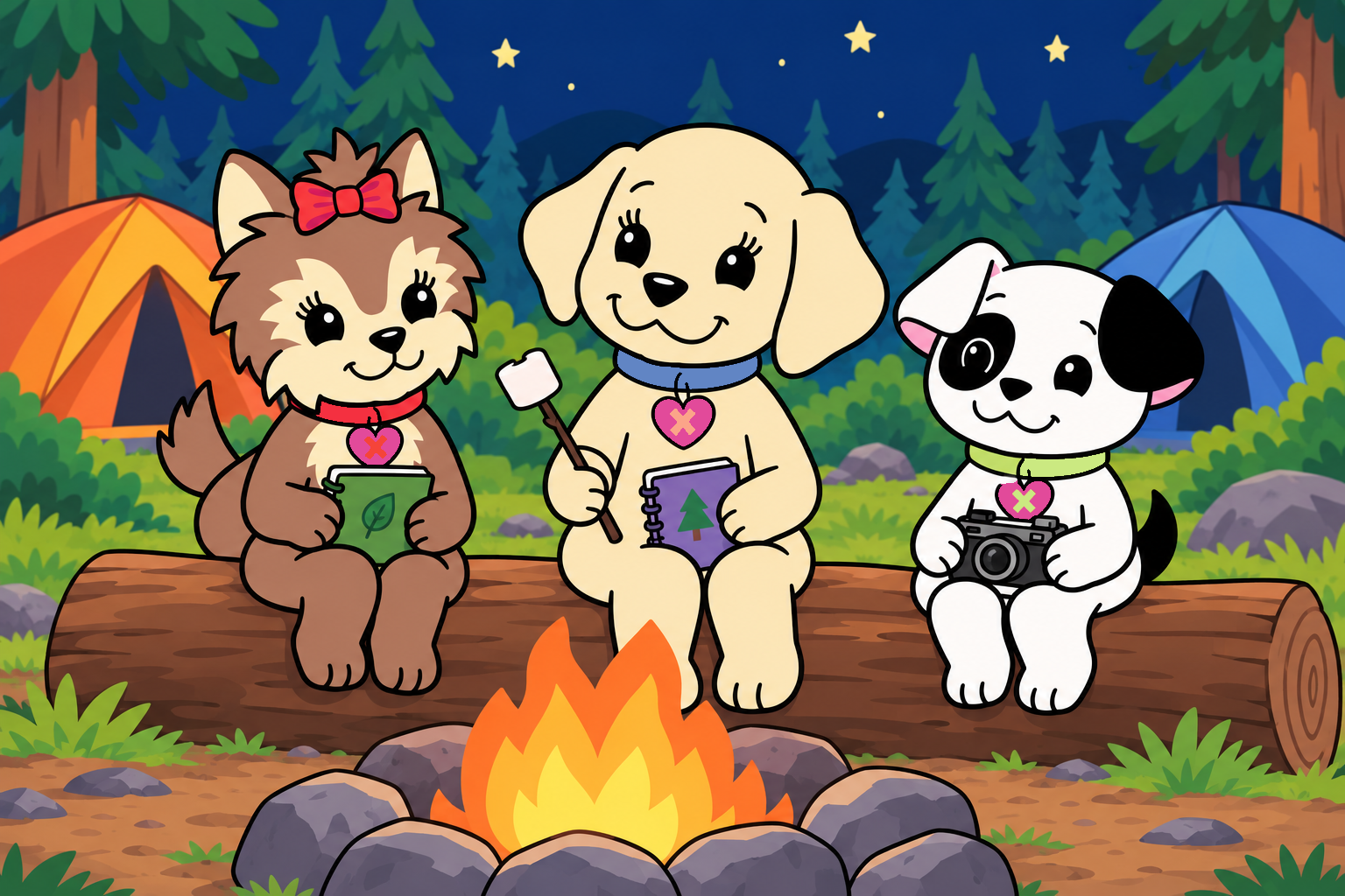 Scarlett, Emily and Jacob share a peaceful campfire evening after learning to work together.
