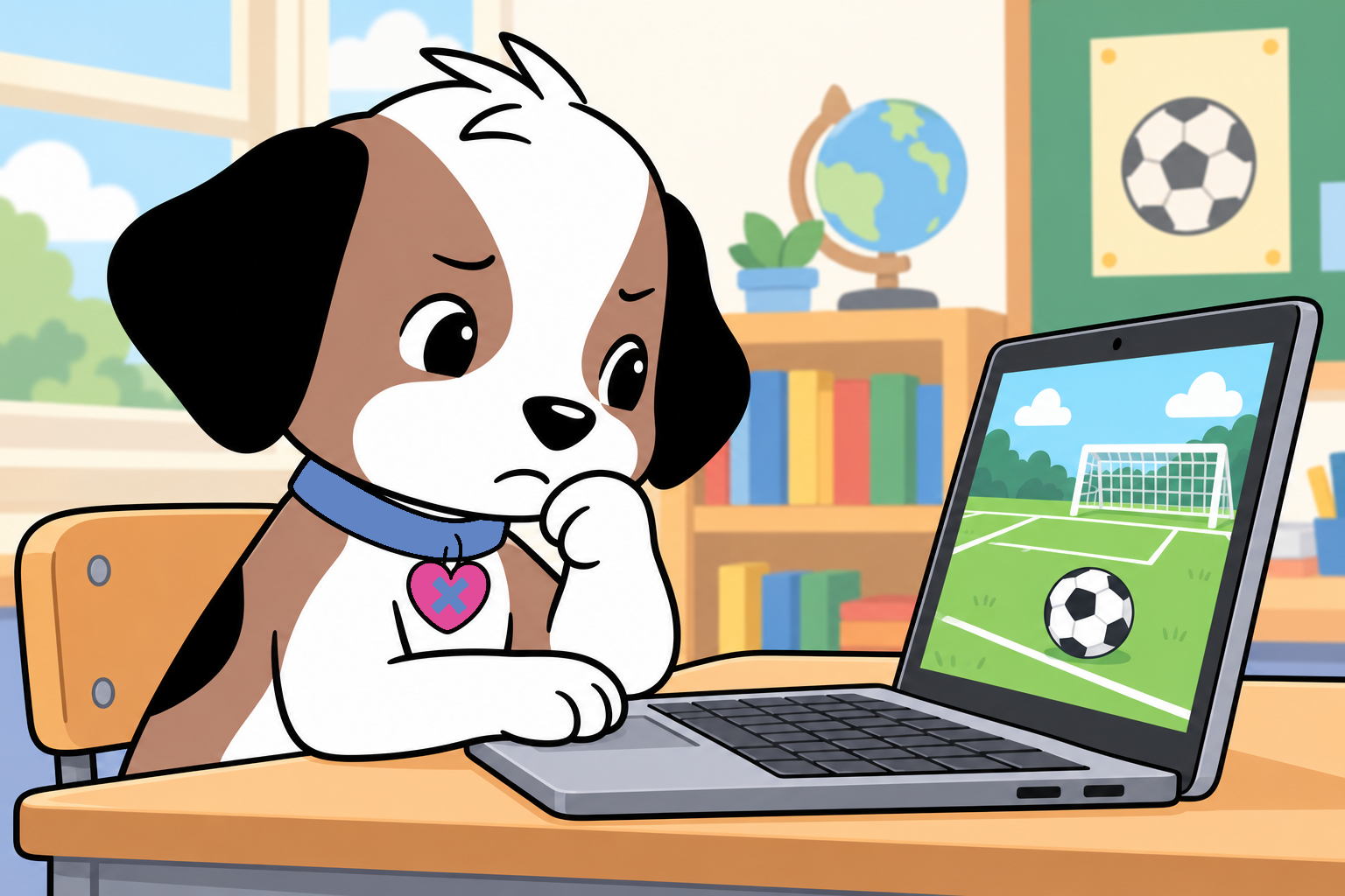 Zach studies his soccer game on a laptop, one paw on the keyboard and the other near his chin.