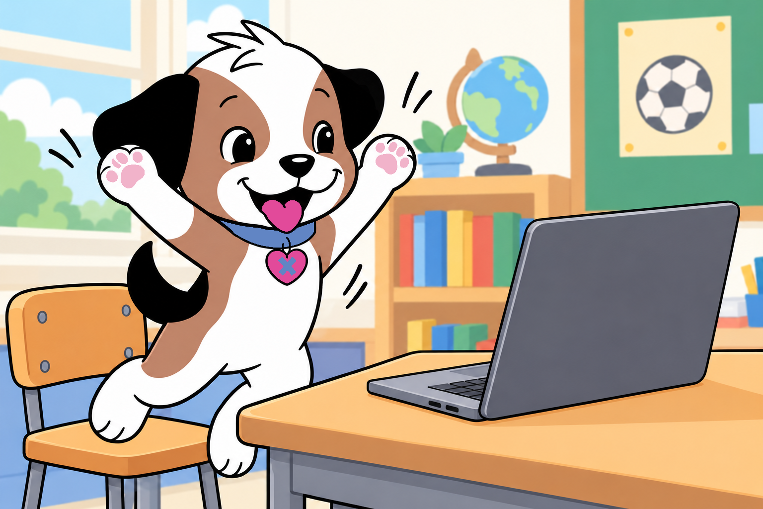 Zach jumps up with both paws raised, celebrating beside his laptop after fixing his soccer game.