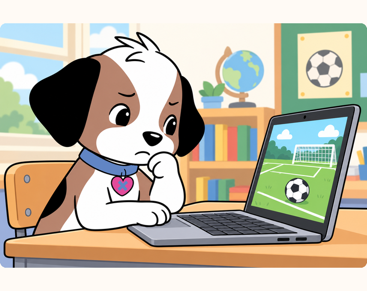Zach studies his soccer game on a laptop, one paw on the keyboard and the other near his chin.