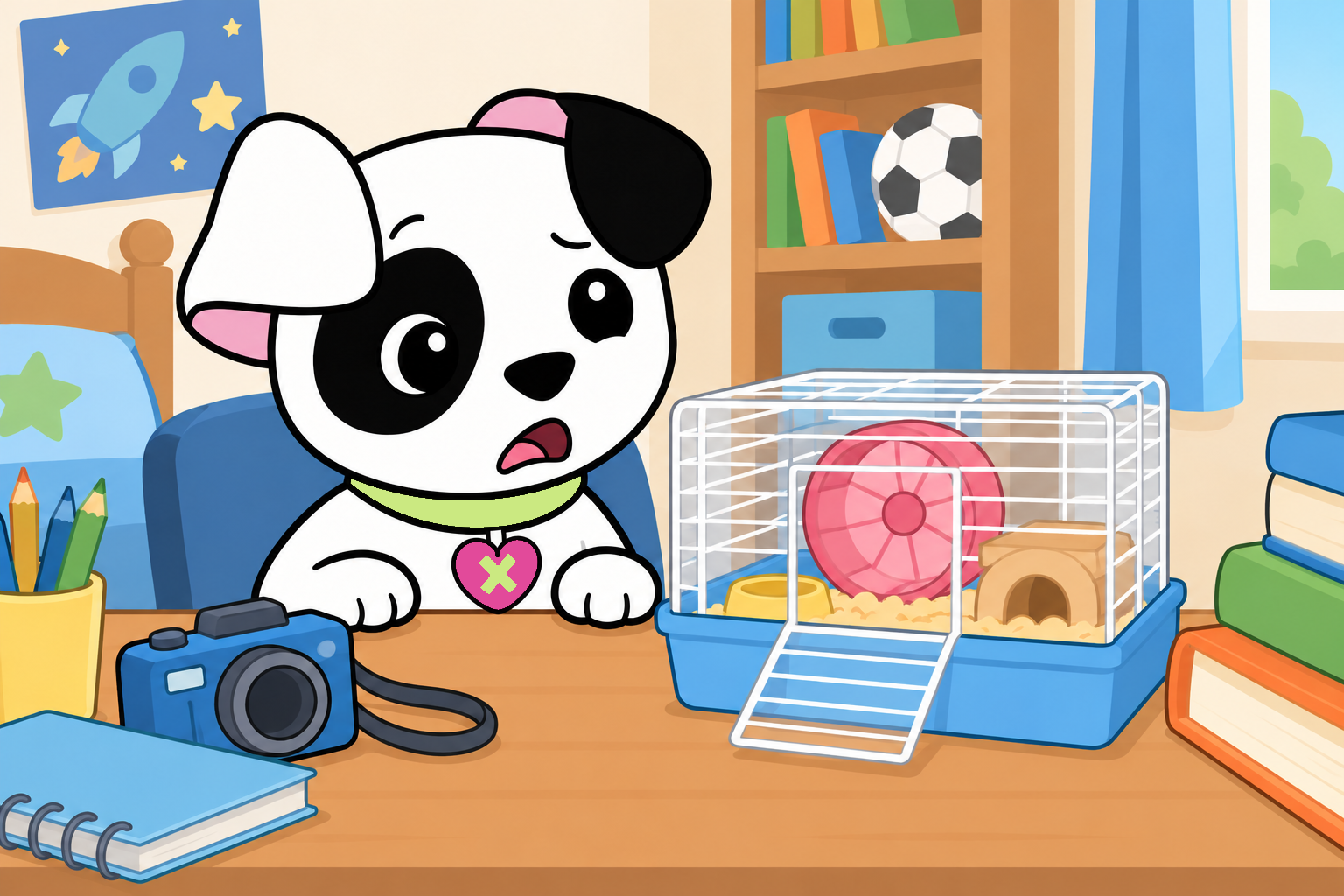 A worried Jacob looks at Nibbles’s empty cage, its door open and his camera resting on the desk.