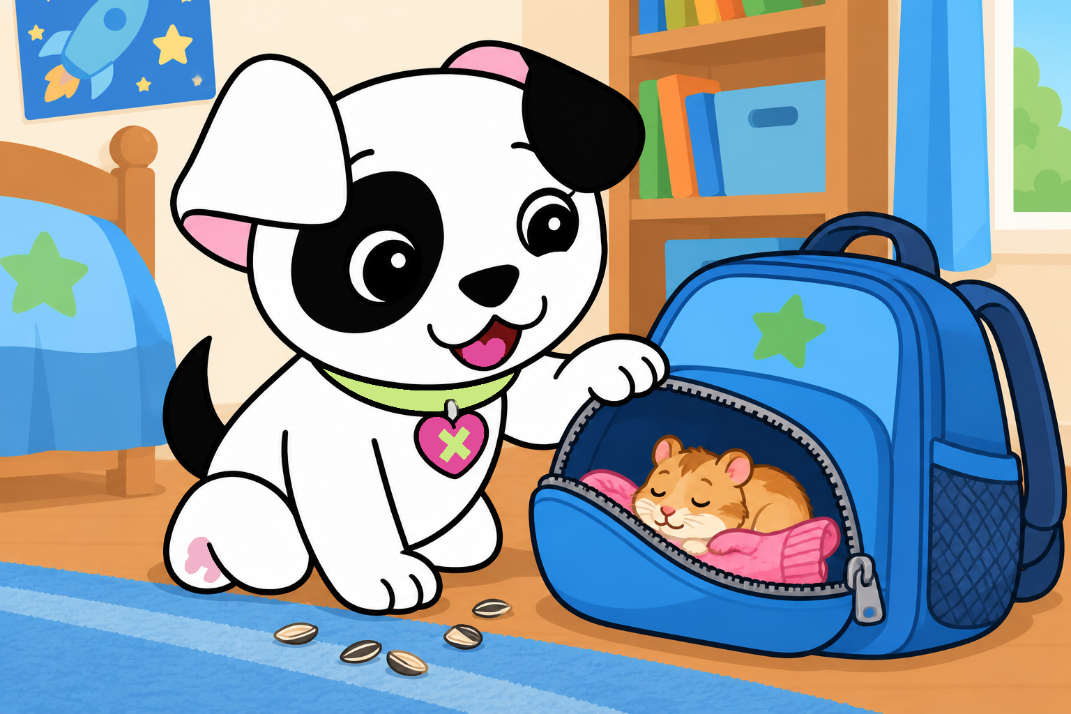 Jacob smiles at Nibbles, asleep on a pink mitten inside the open front pocket of his backpack.