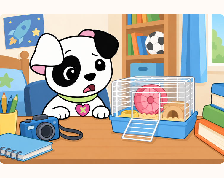 A worried Jacob looks at Nibbles’s empty cage, its door open and his camera resting on the desk.