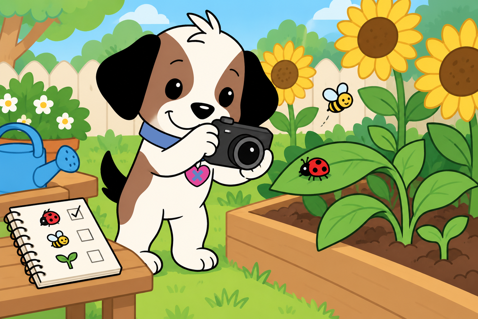 Zach patiently photographs a ladybug in the school garden with his picture checklist beside him.