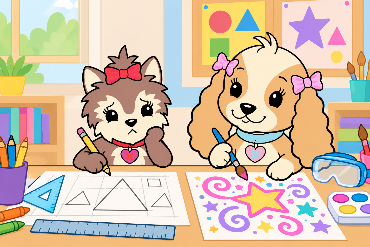 Tess helps Scarlett explore a colorful poster design during their school talent-swap project.