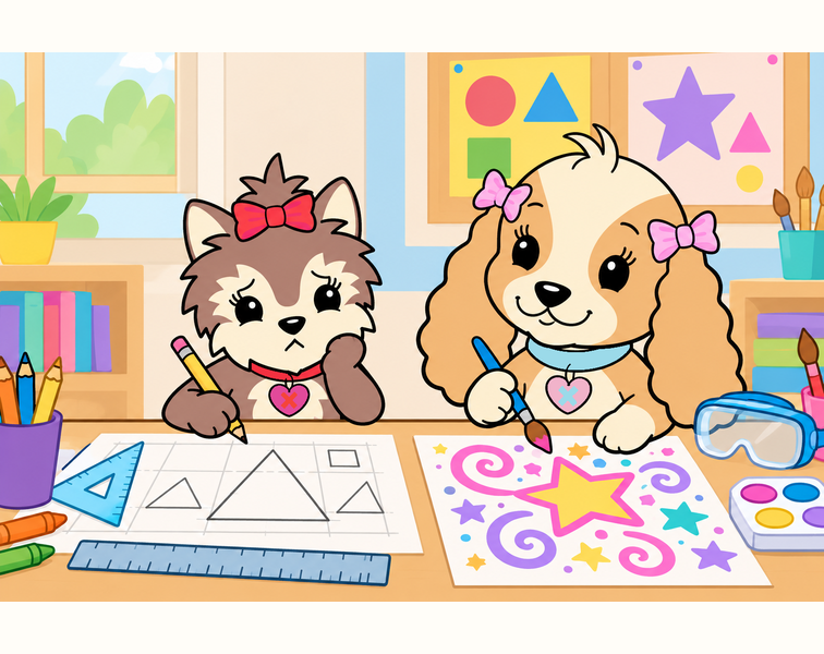Tess helps Scarlett explore a colorful poster design during their school talent-swap project.