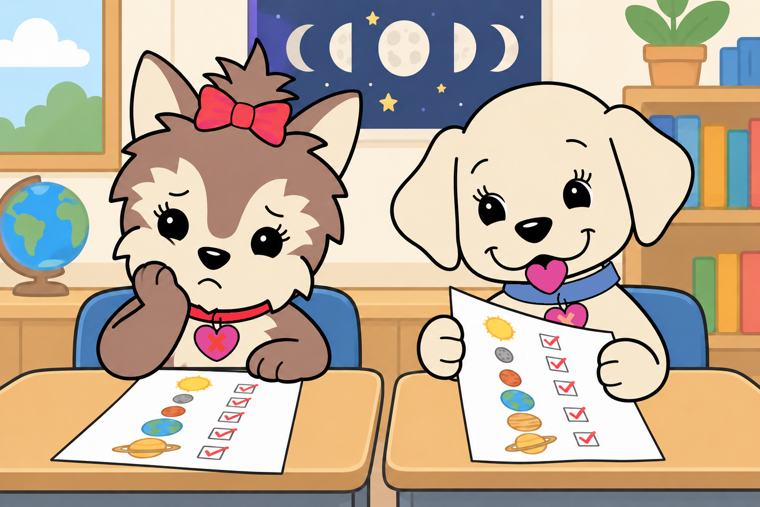 Scarlett looks disappointed at her science paper while Emily holds hers with a pleased smile.