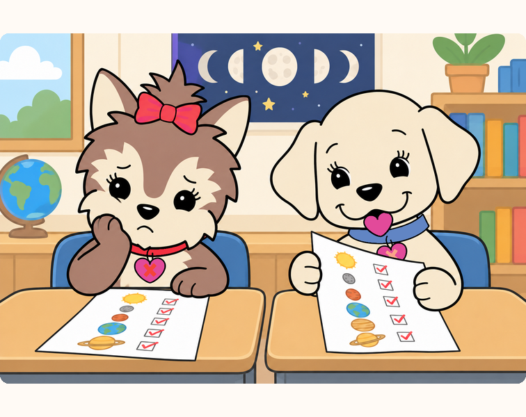 Scarlett looks disappointed at her science paper while Emily holds hers with a pleased smile.