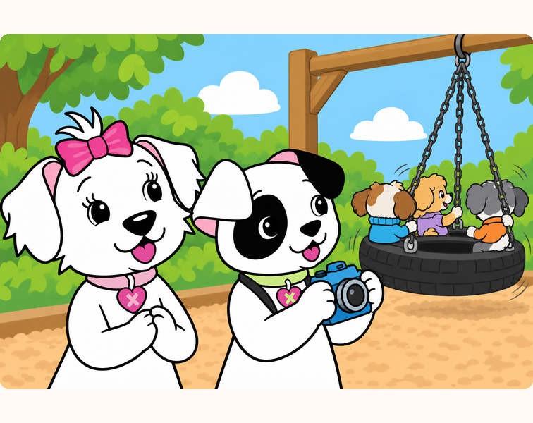 Cora and Jacob wait beside the tire swing while three classmates enjoy their turn.