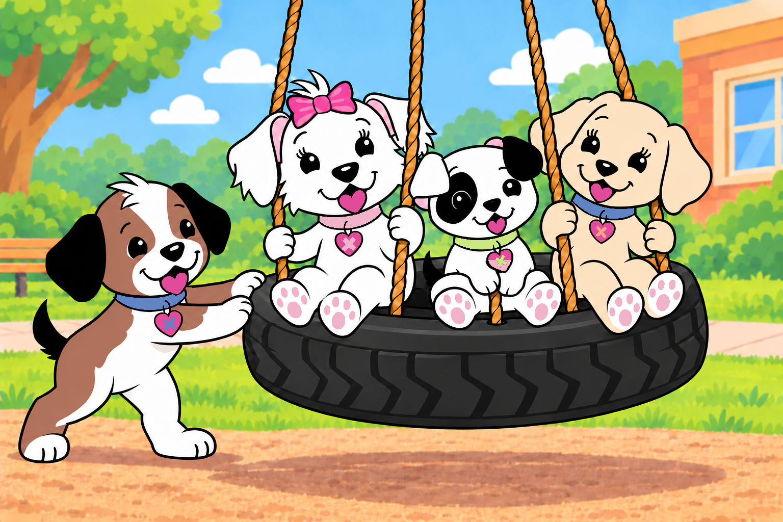 Cora, Jacob, and Emily smile on the big tire swing as Zach gives them a push.