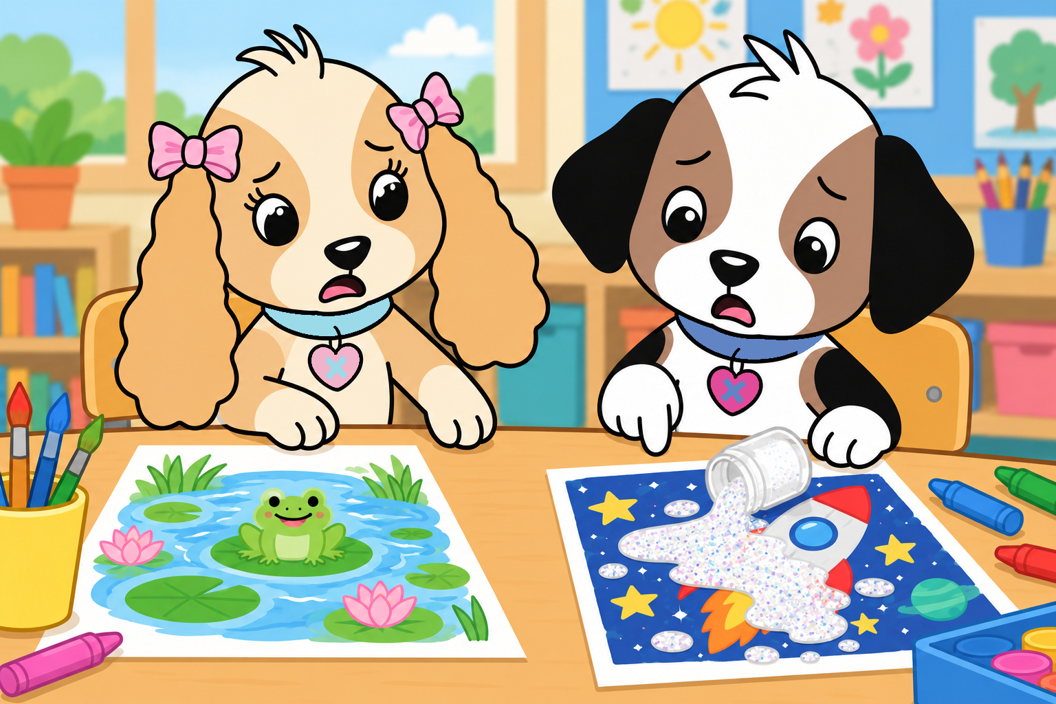 Tess looks upset as pearly glitter paint spills across Zach’s spaceship drawing, leaving her frog pond untouched.