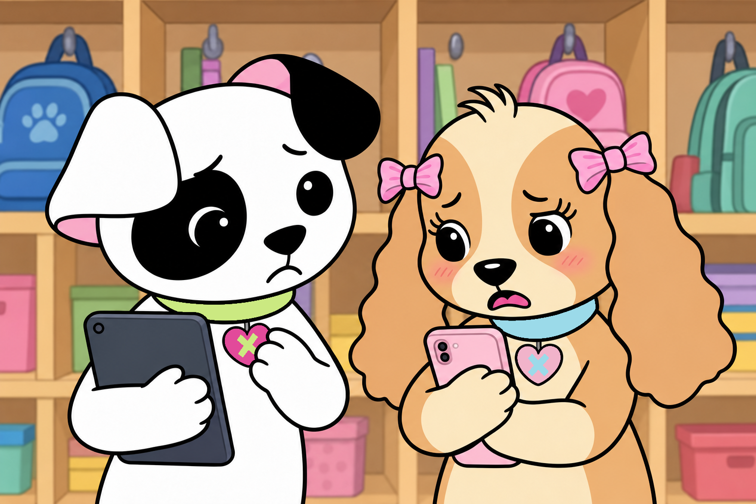 Beside the school cubbies, Tess holds her phone and explains her hurt feelings while Jacob listens remorsefully.