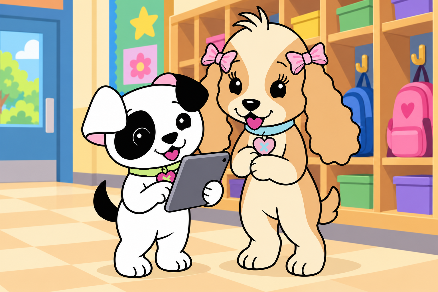 Jacob removes the photo from his tablet as Tess smiles with relief beside the school cubbies.