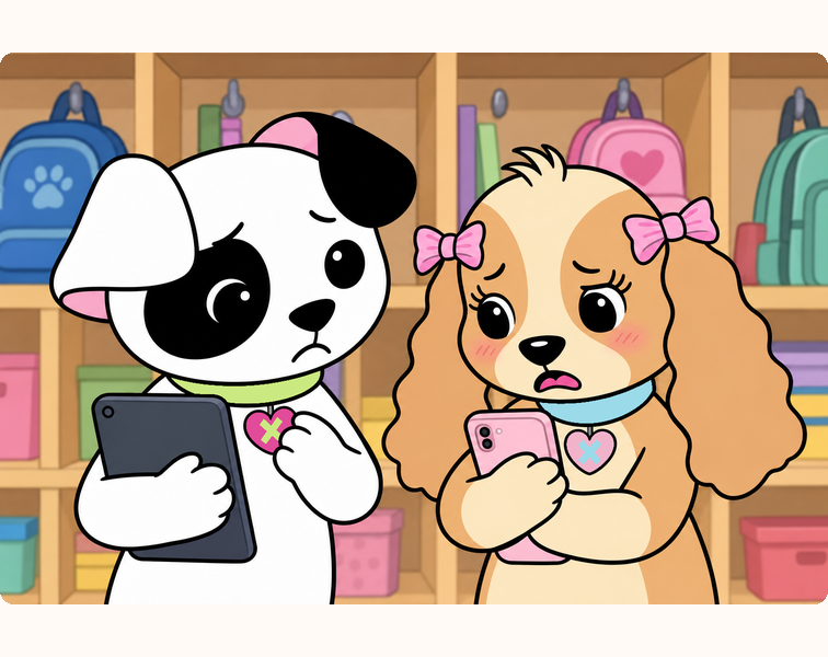 Beside the school cubbies, Tess holds her phone and explains her hurt feelings while Jacob listens remorsefully.