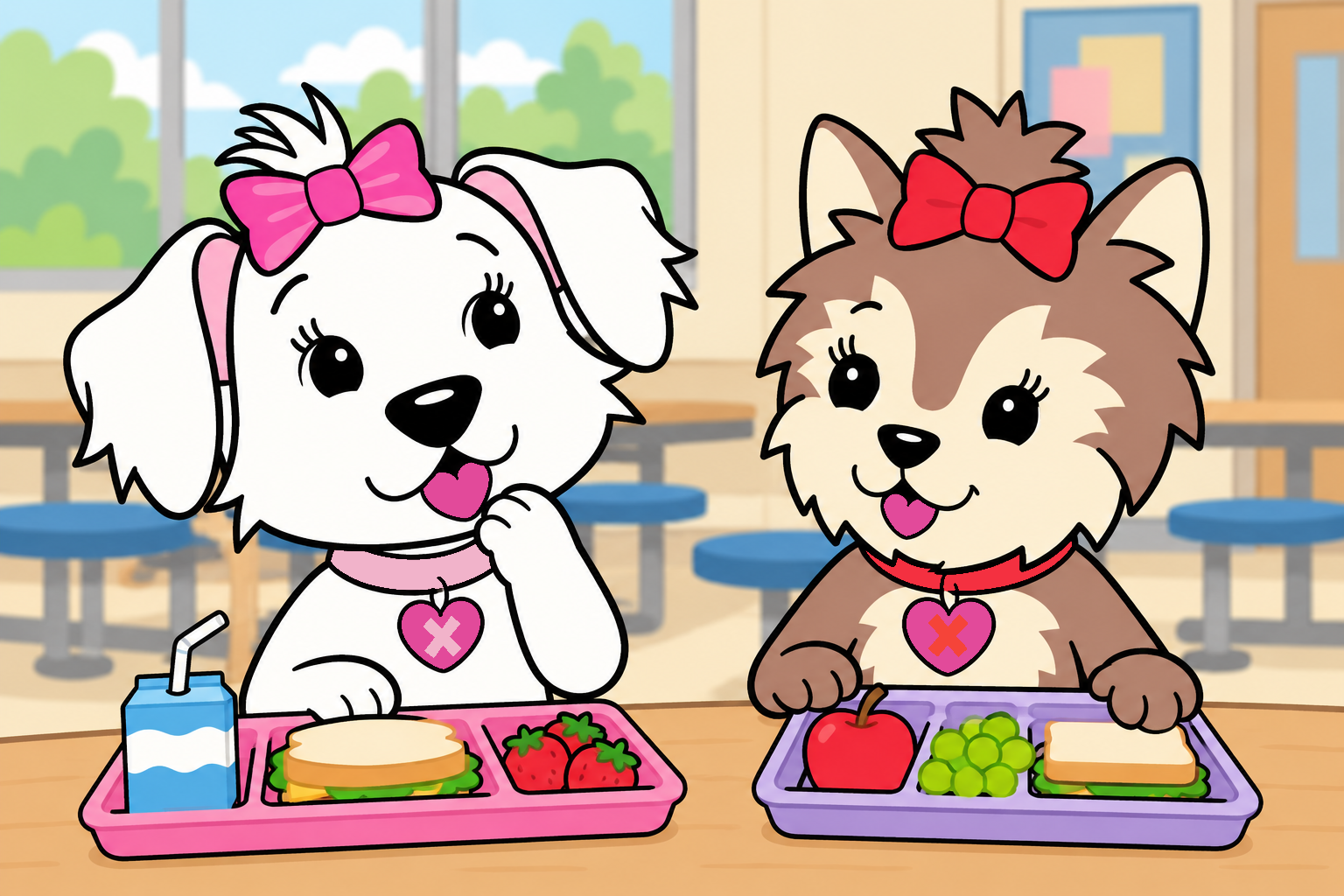 Cora pauses thoughtfully at the cafeteria table before sharing news with Scarlett.