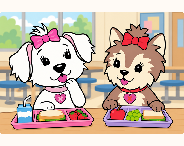 Cora pauses thoughtfully at the cafeteria table before sharing news with Scarlett.