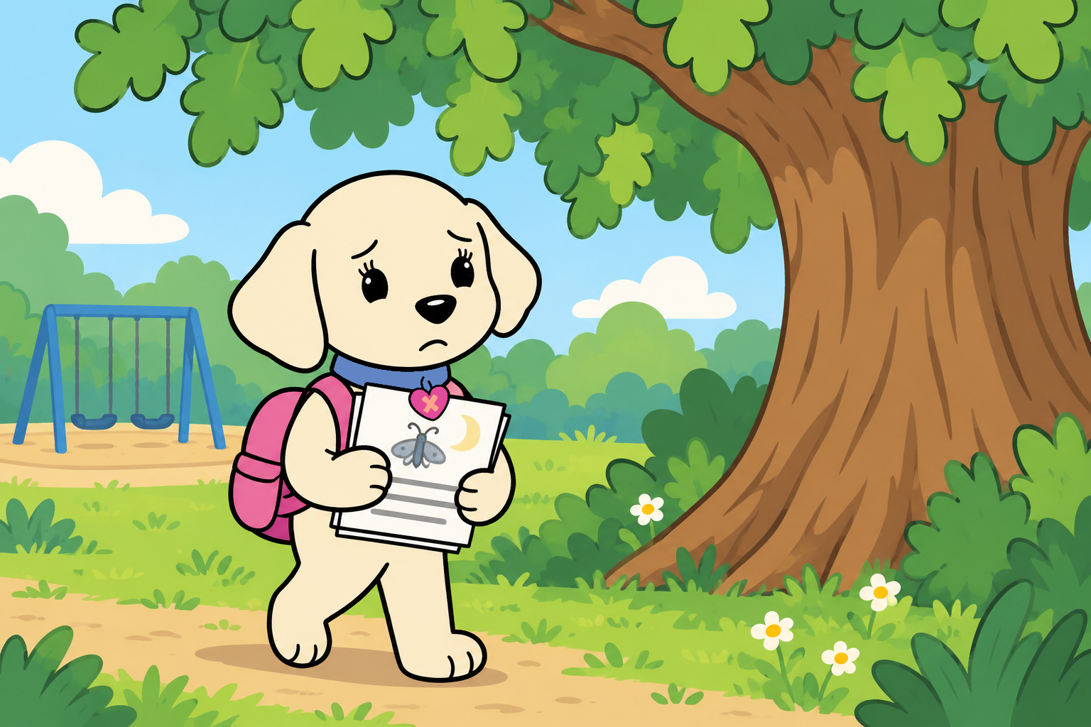 Emily carries her story pages toward the quiet oak tree at the edge of the playground.