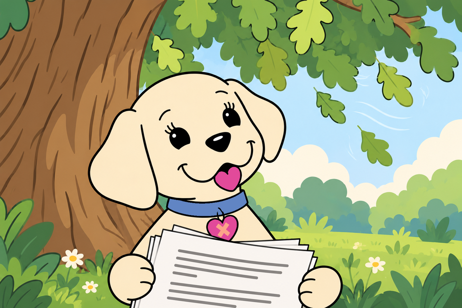 Emily holds the printed pages of her story beneath an oak tree and looks up at the rustling leaves.