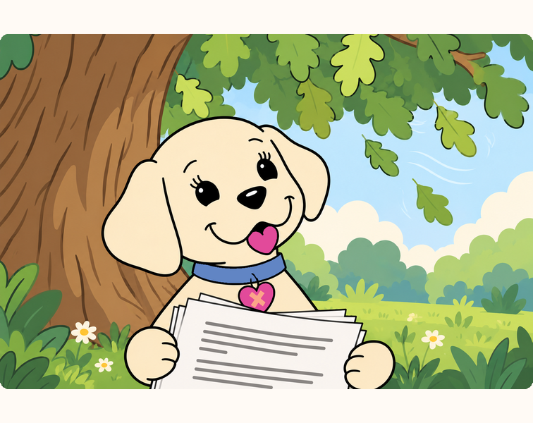 Emily holds the printed pages of her story beneath an oak tree and looks up at the rustling leaves.