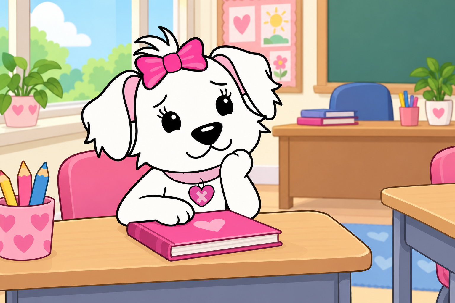 Cora pauses beside a quiet classroom window after sharing her worry with her teacher.