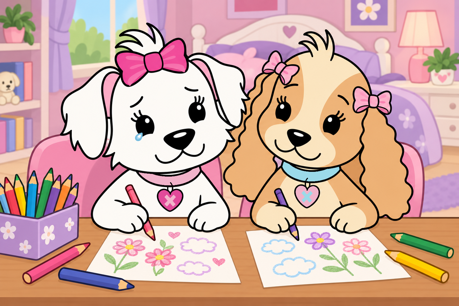 Tess sits quietly beside Cora as they draw together in Cora’s bedroom.