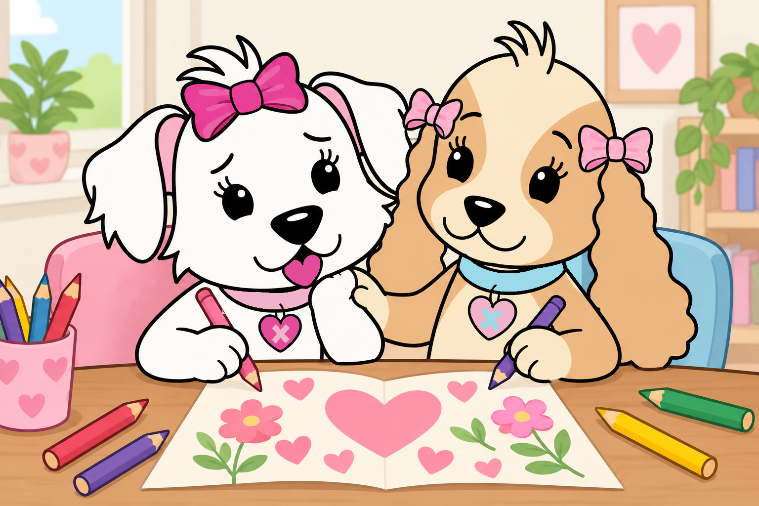 Tess sits beside a worried Cora as they draw hearts and flowers together on a sheet of paper.
