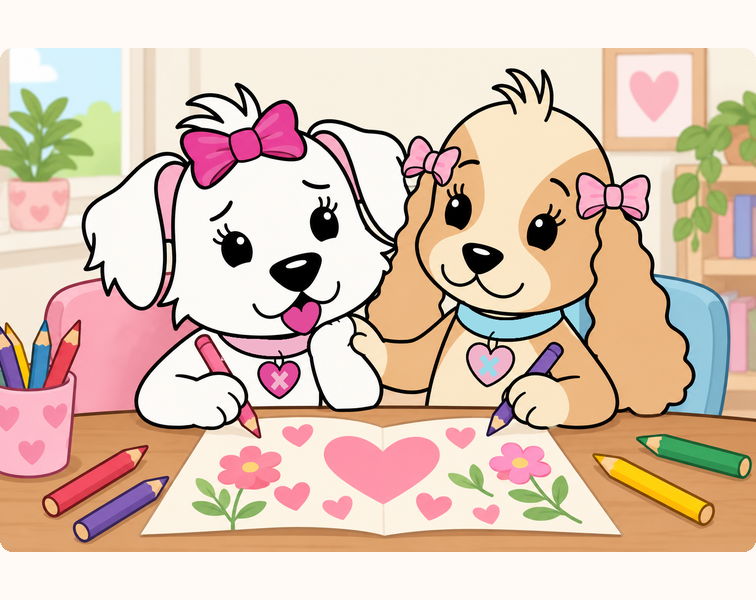 Tess sits beside a worried Cora as they draw hearts and flowers together on a sheet of paper.