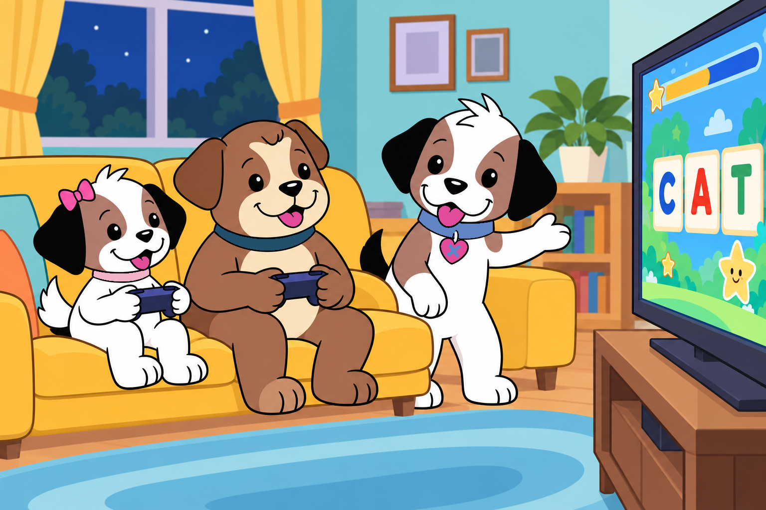 Zach joins Marie and Craig for a sight-word video game in the living room; the television displays CAT.