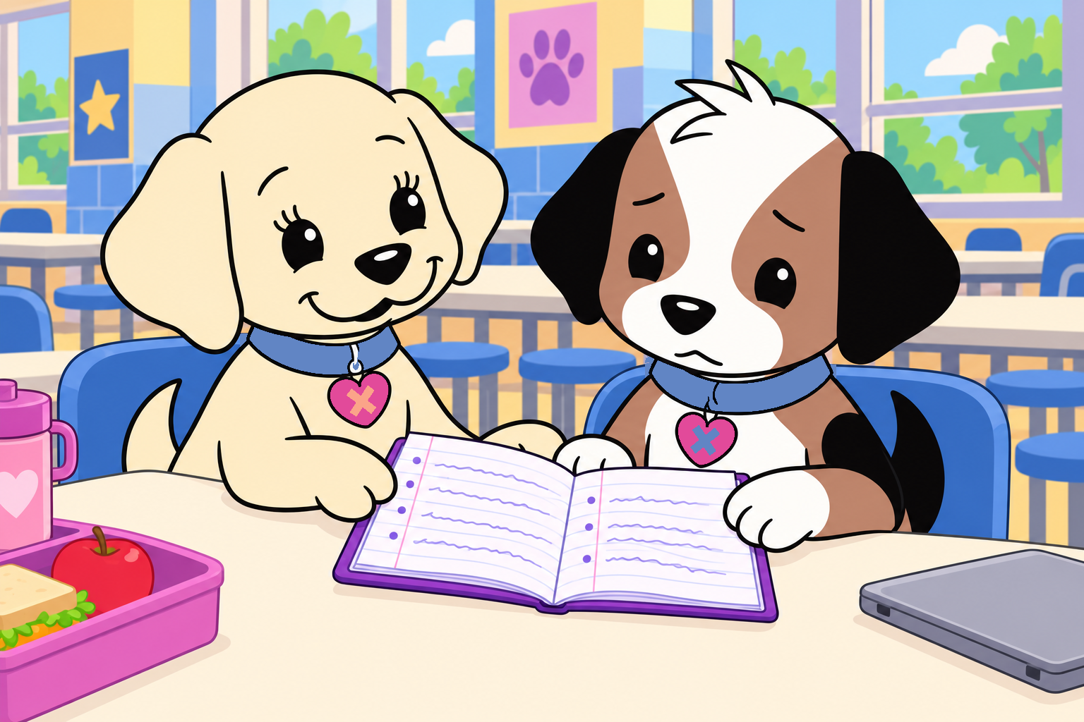 Emily shares her open research notebook with Zach at a cafeteria table as he listens with a worried expression.