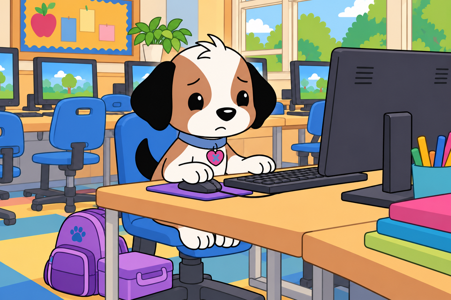 Zach sits alone at a computer in the school computer lab, with his purple backpack beside his chair.