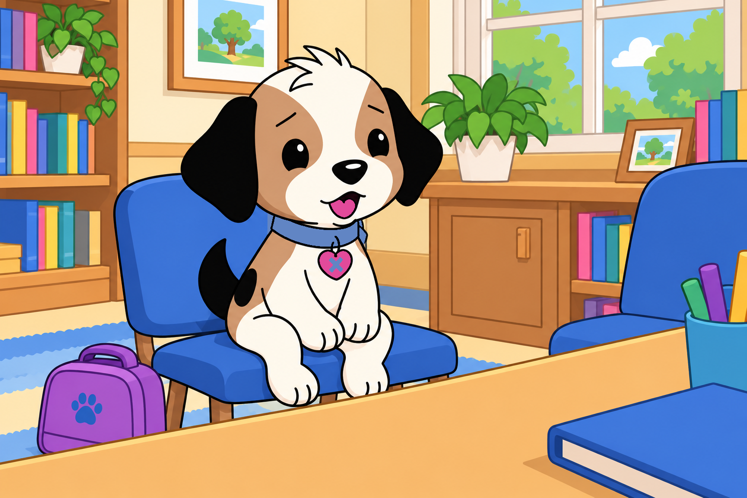 Zach sits in a blue chair across from an empty chair in the school office, ready to ask for help.